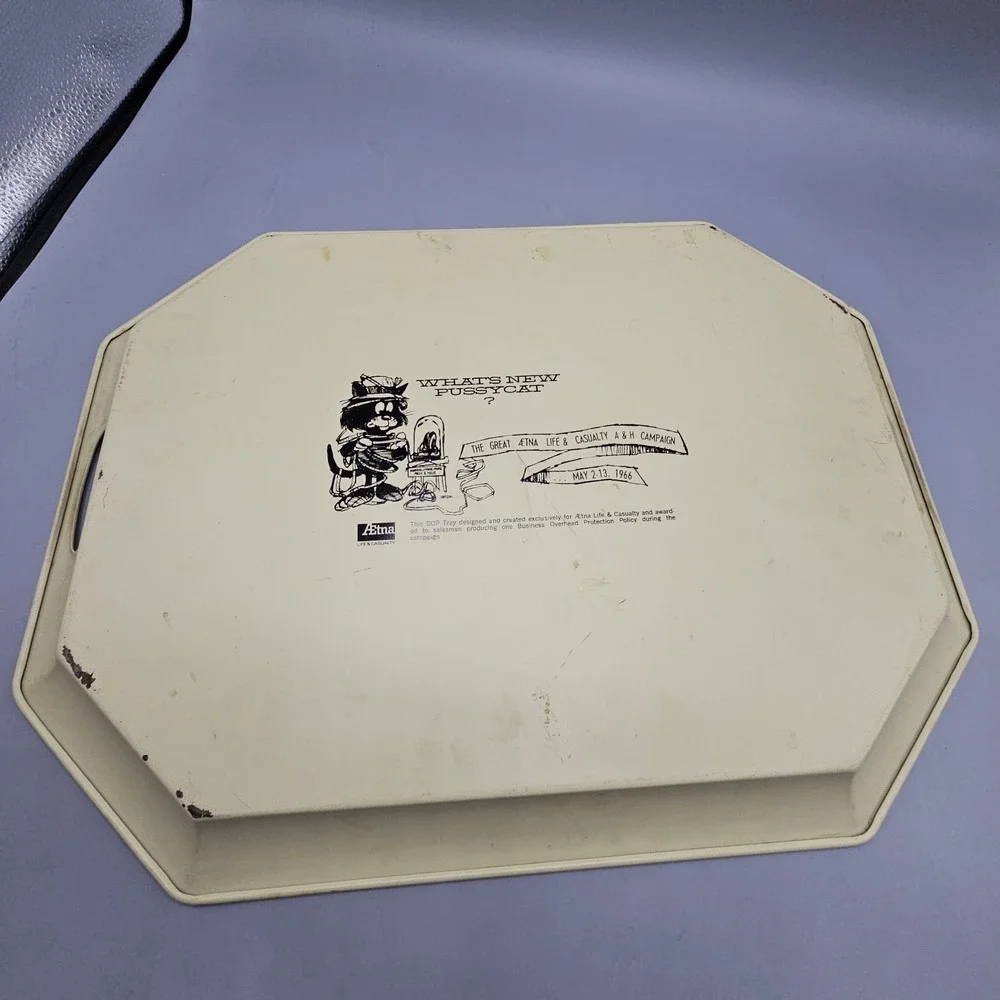Mid Century What's New Pussycat? Aetna Enamel Tray Cottage Grandma‎ Folkart 1966